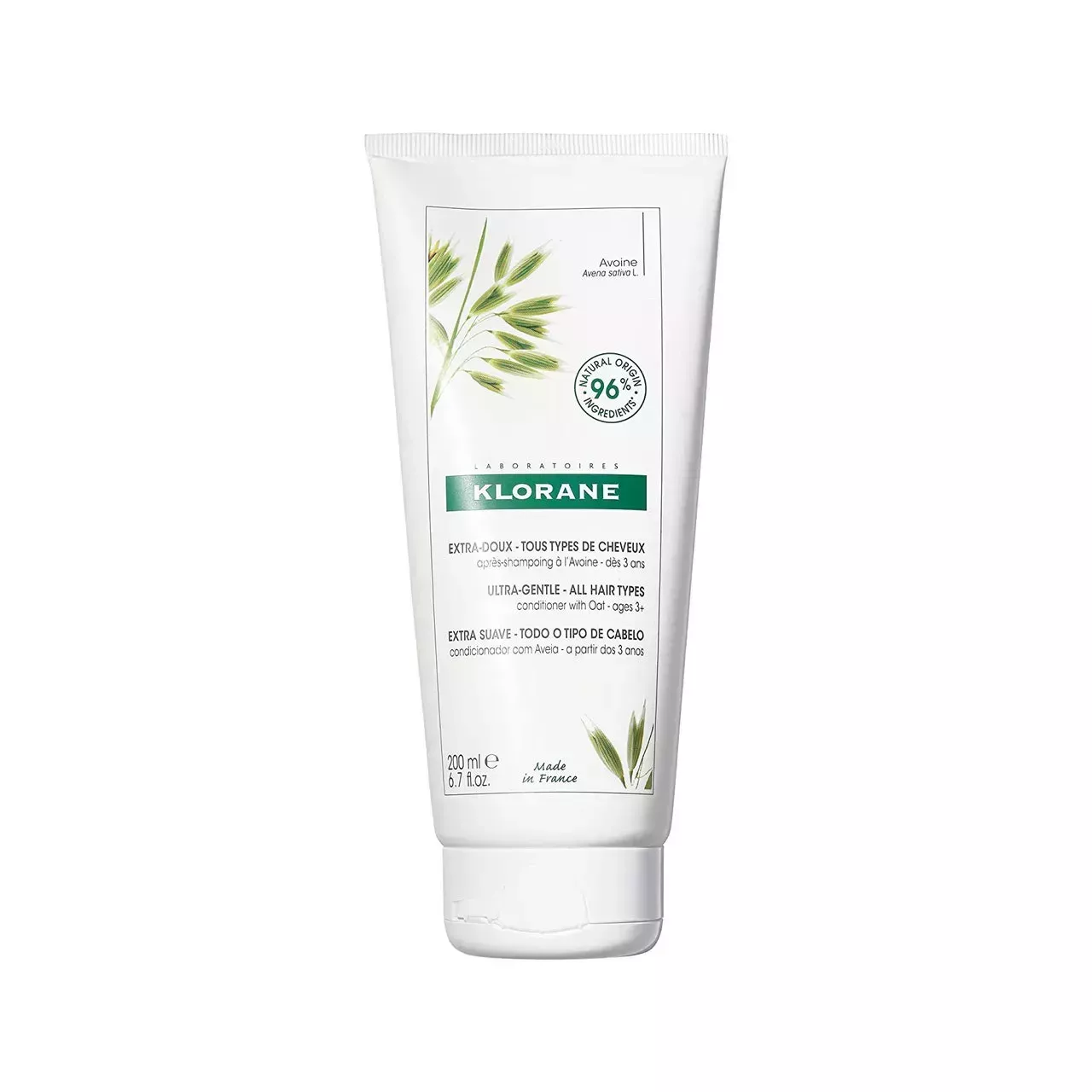 Klorane Ultra-Gentle Conditioner with Oat Milk white tube with small green plant designs on white background