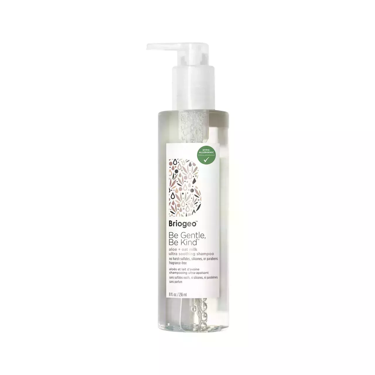 Briogeo Be Gentle, Be Kind Aloe + Oat Milk Ultra Soothing Shampoo transparent bottle with pump cap on white background