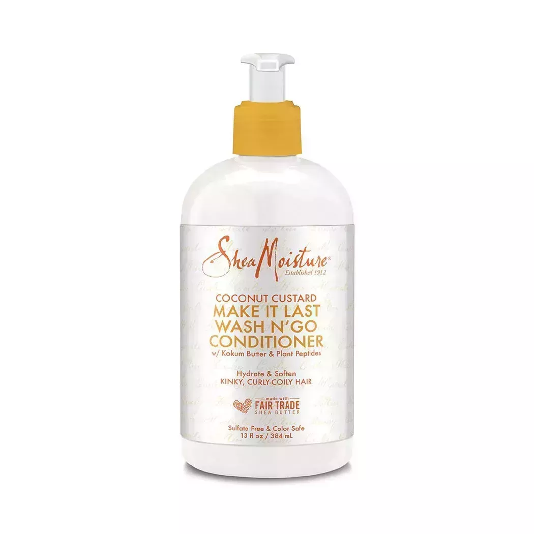 SheaMoisture Wash 'N Go Conditioner white bottle with yellow and white pump dispenser on white background