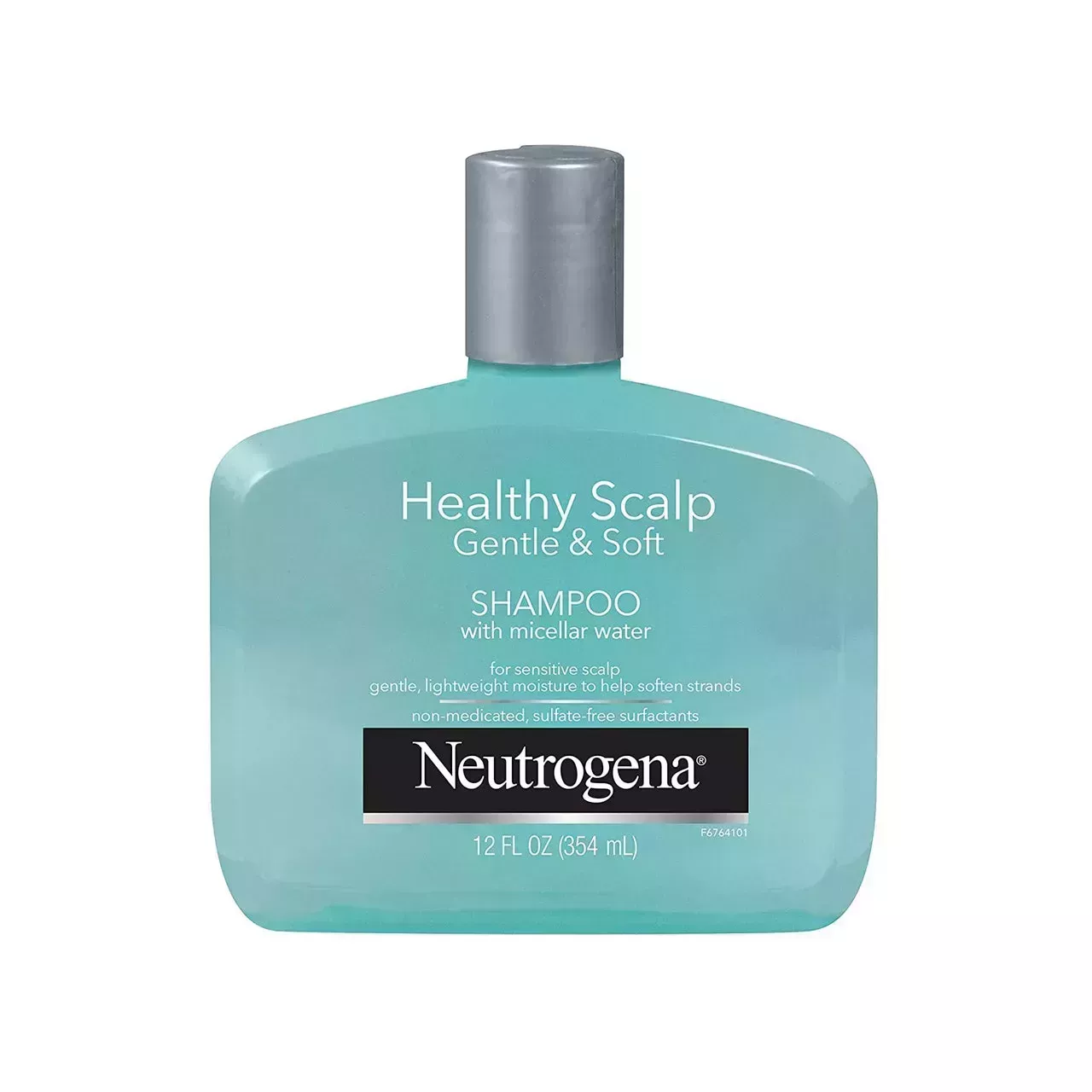 Neutrogena Gentle & Soft Healthy Scalp Shampoo for Sensitive Scalp wide mint bottle of shampoo with gray cap on white background