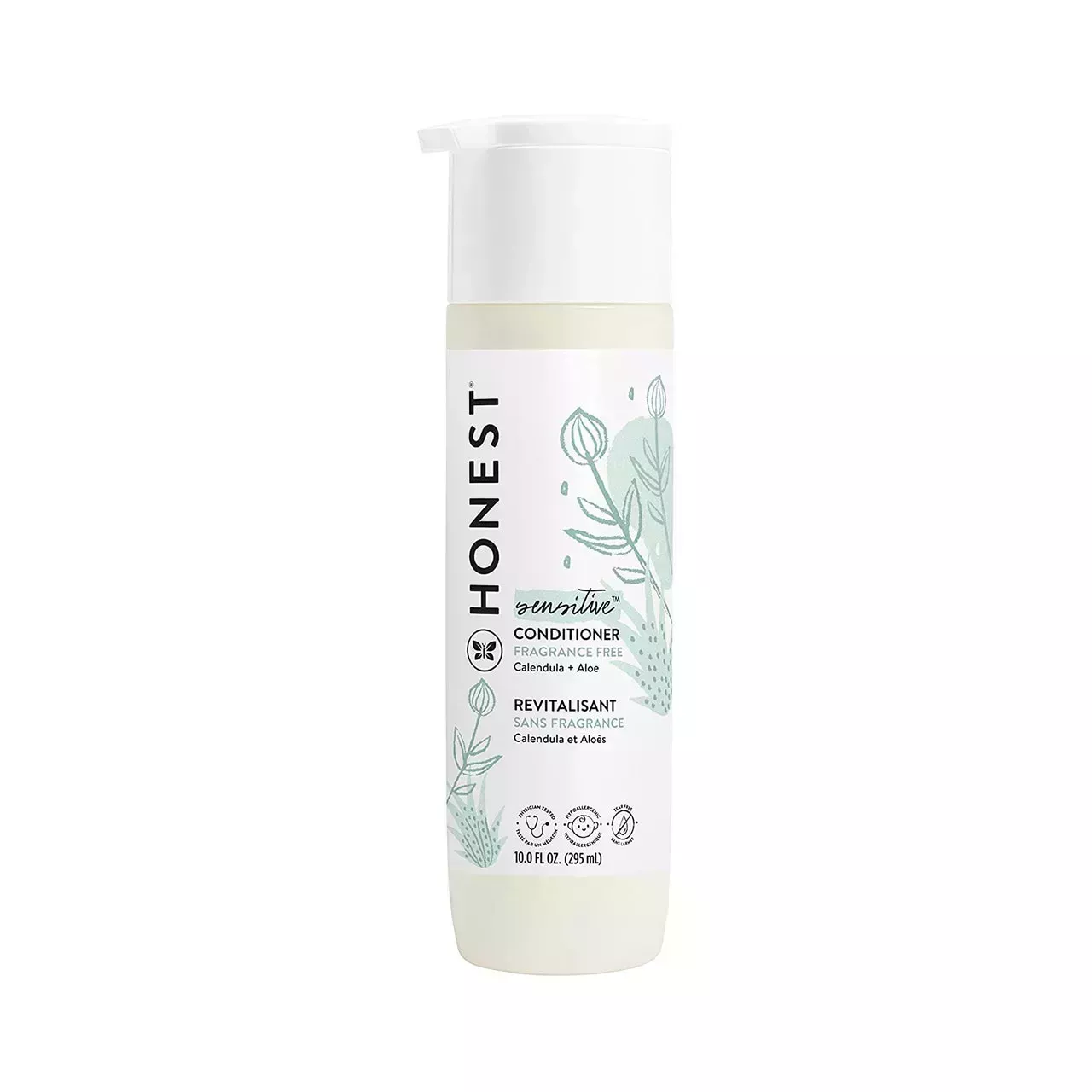 The Honest Company Sensitive Conditioner white bottle with pale green plant design on white background