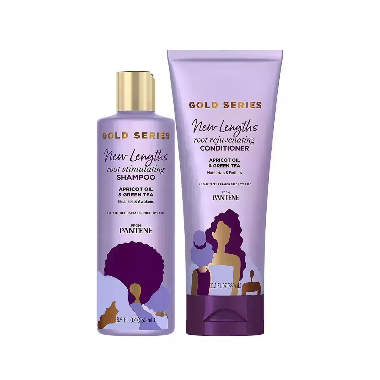 Pantene Gold Series Root Stimulating Shampoo and Root Rejuvenating Conditioner two purple bottles of shampoo and conditioner on white background