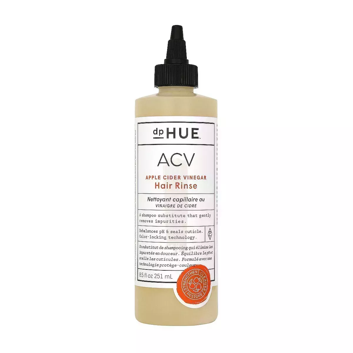 dpHue ACV Rinse translucent bottle of natural yellow hair rinse with black pointed cap on white background