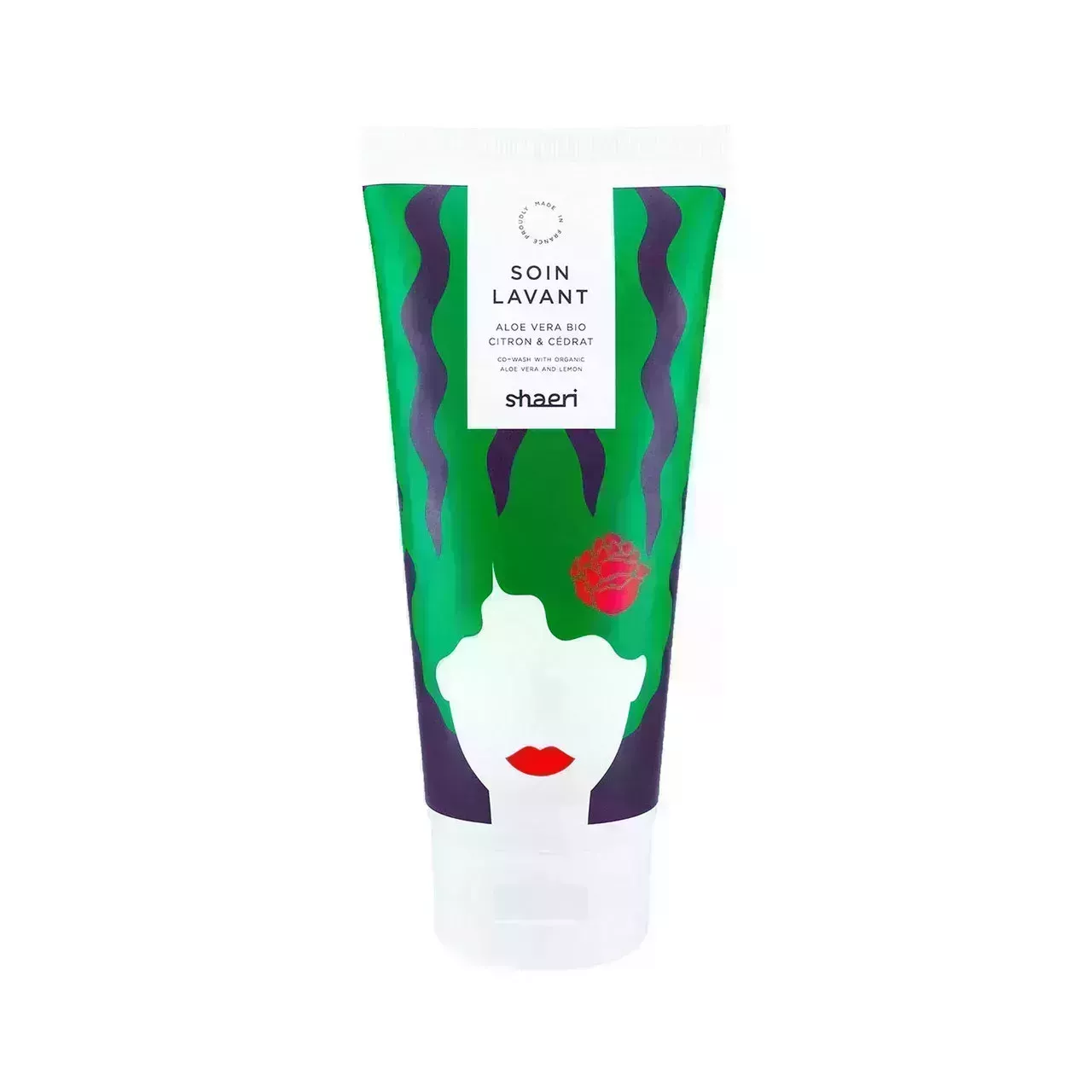 Shaeri Co-Wash bottle with flat illustration of person with long green wavy hair and white cap on white background