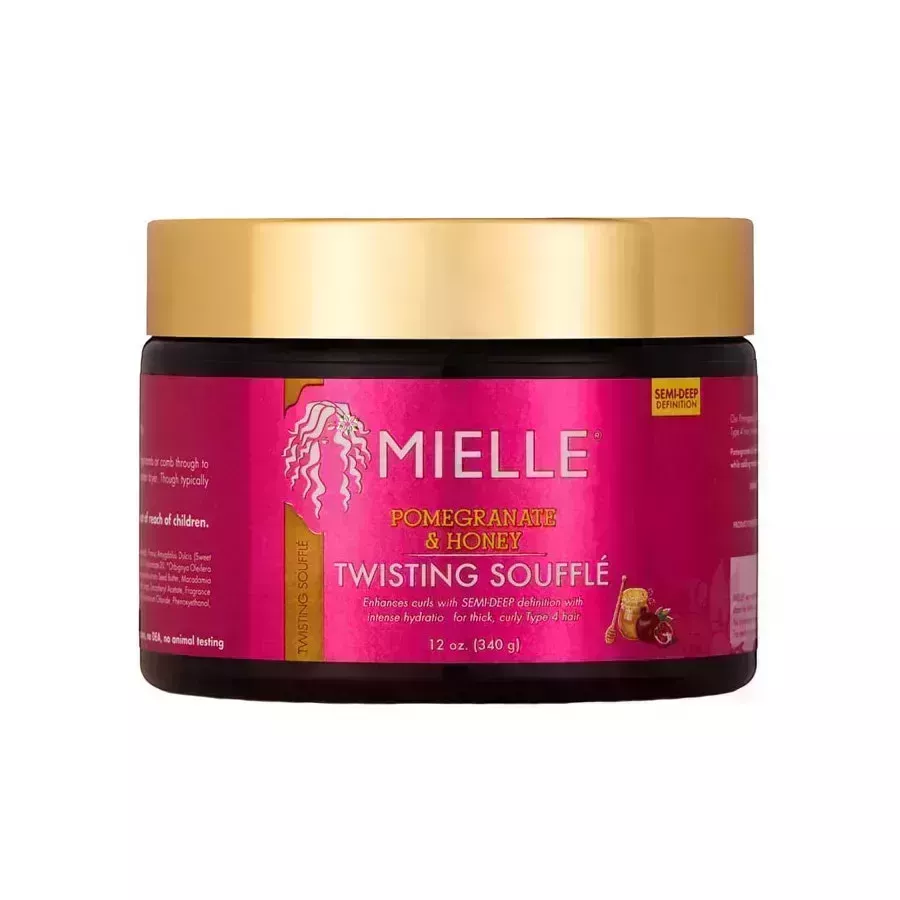 Mielle Organics Pomegranate and Honey Twisting Souffle jar with fuchsia label and gold lid on white background