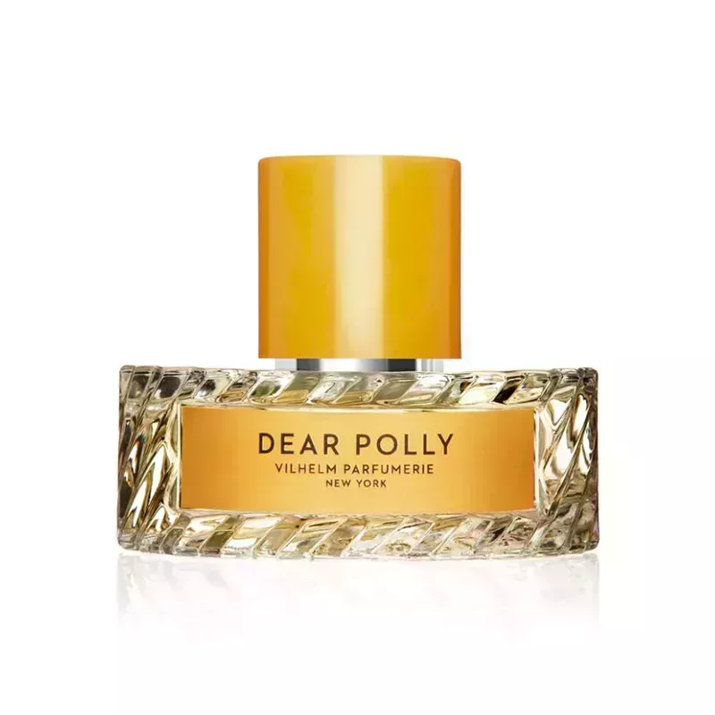 A gold perfume bottle of the Vilhelm Parfumerie Dear Polly Eau de Parfum on a white background