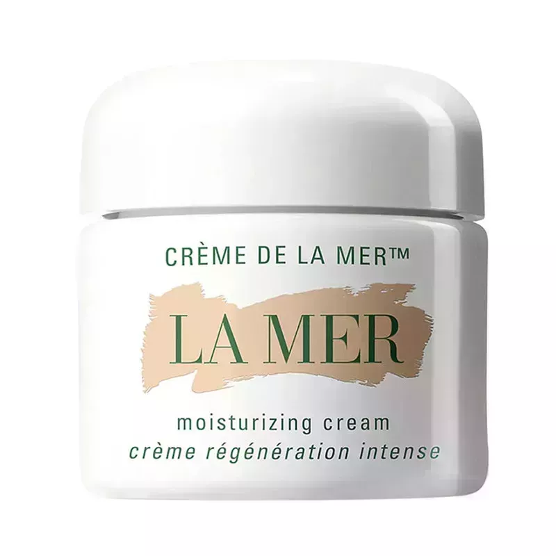 A white jar with green text that says "La Mer Crème de La Mer moisturizing cream" on a white background.