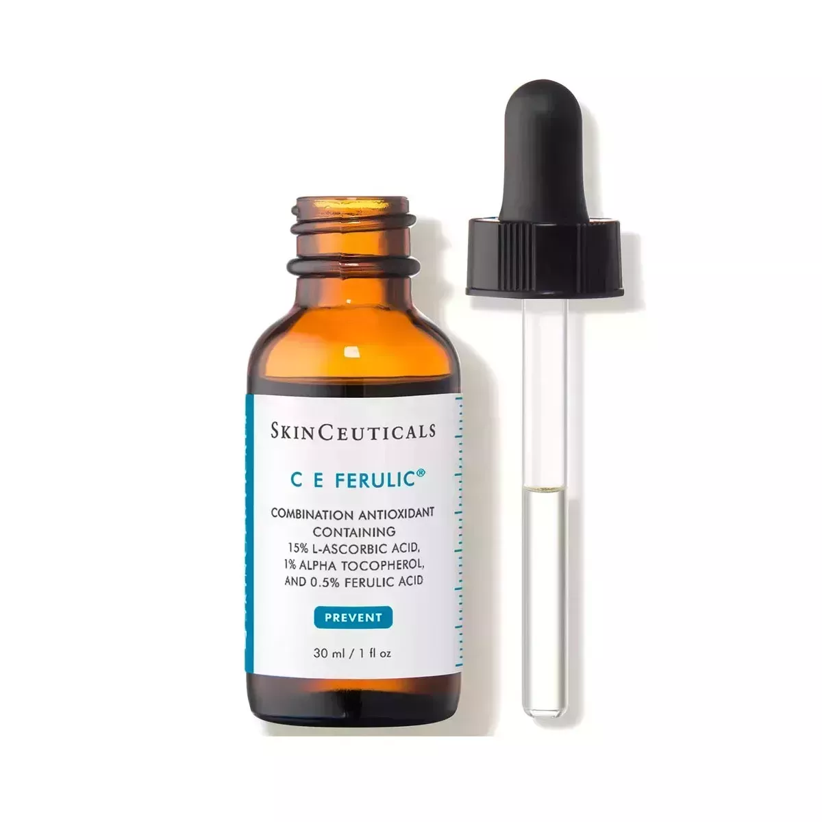 A glass brown bottle with a dropper and a white and blue label