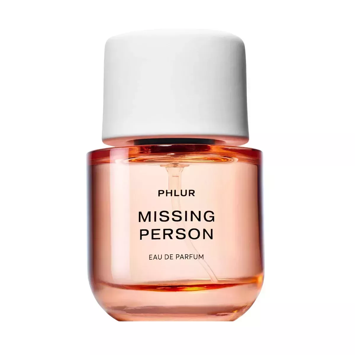 A peachy glass bottle of fragrance with a white cap