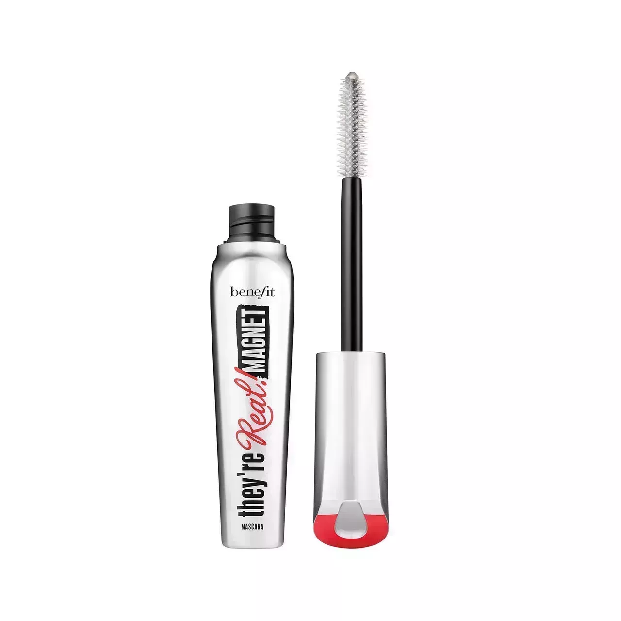 Benefit Cosmetics They're Real! Magnet Extreme Lengthening Mascara silver tube of mascara and brush on white background