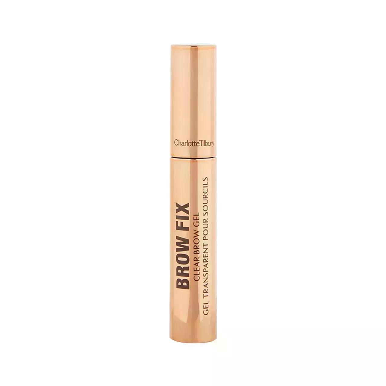 Charlotte Tilbury Brow Fix gold tube of clear brow gel on white background