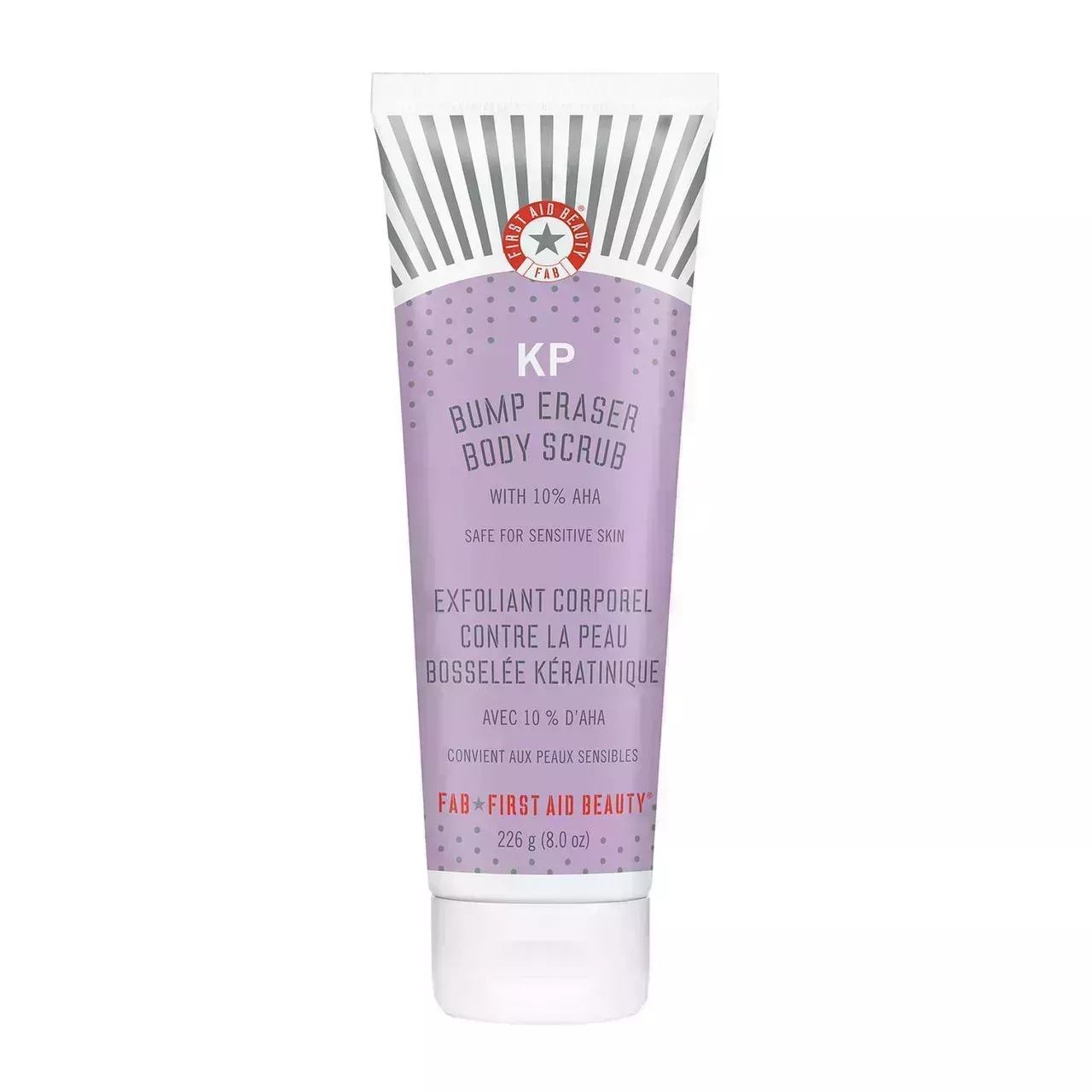 First Aid Beauty KP Bump Eraser Body Scrub with 10% AHA purple tube with white cap on white background