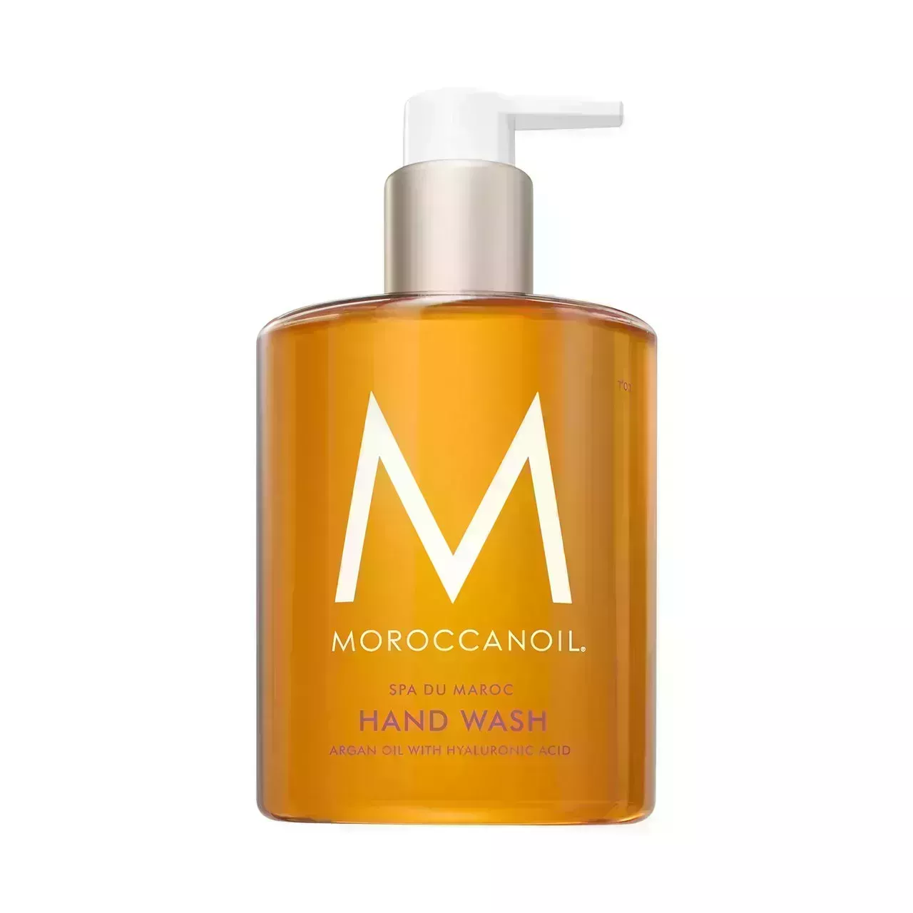 Moroccanoil Hand Wash translucent bottle of amber hand soap with white pump on white background