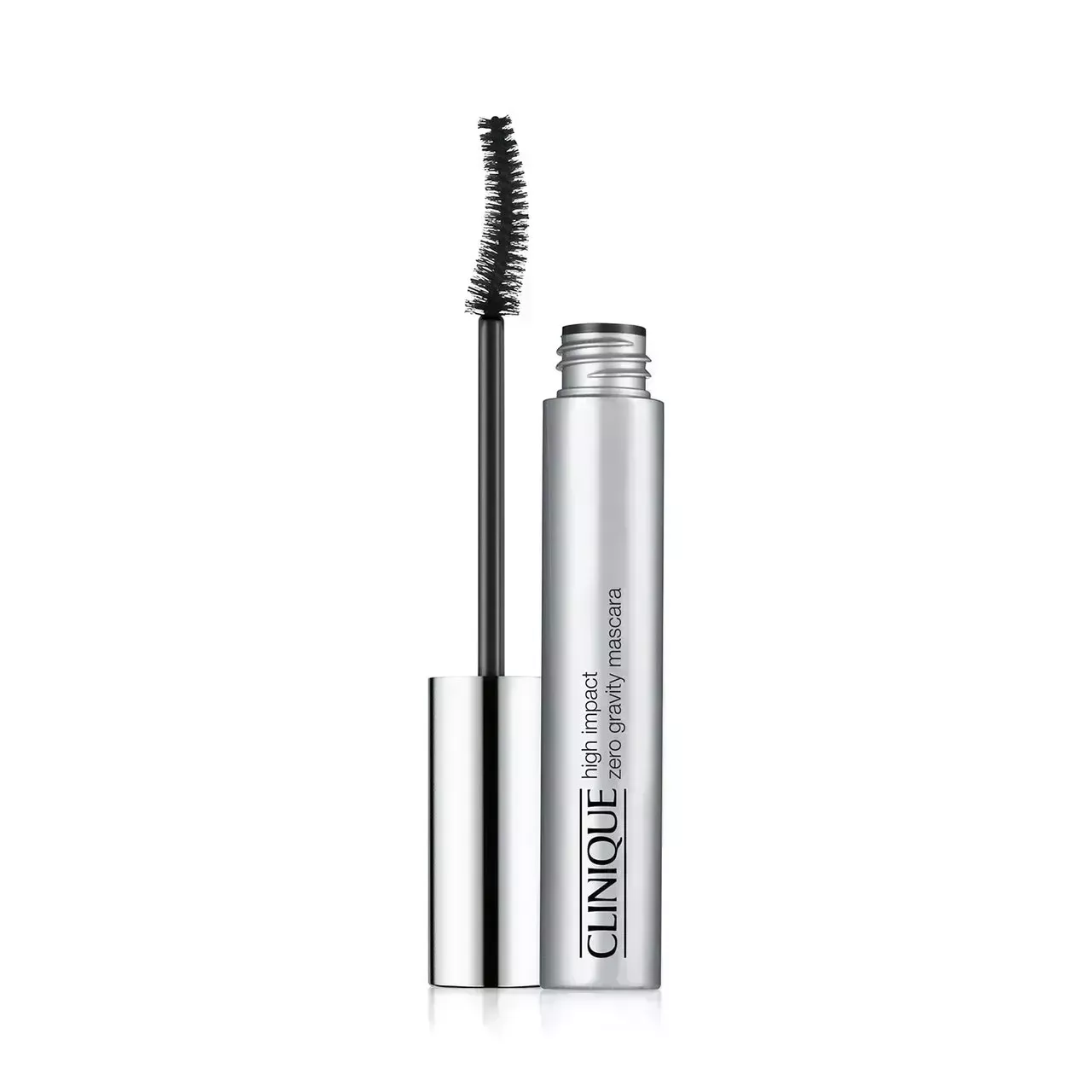 Clinique High Impact Zero Gravity Mascara silver tube of mascara on white background