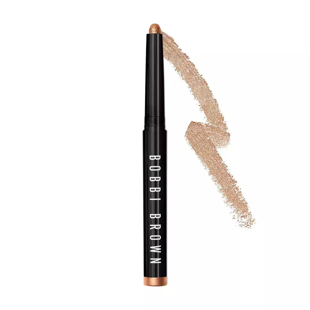 Bobbi Brown Longwear Cream Shadow Sticks shimmery gold eyeshadow stick in black packaging with swatch on white background
