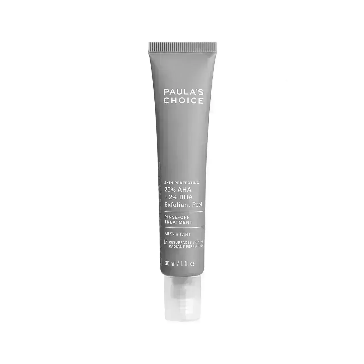 Paula's Choice 25% AHA + 2% BHA Exfoliant Peel gray tube of exfoliating peel on white background