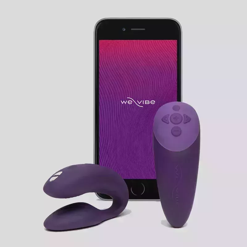 The purple We-Vibe Chorus wearable sex toy vibrator with matching remote and iPhone connected to We-Vibe app all on gray background