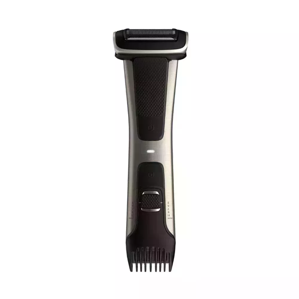 Philips Norelco Bodygroom Series 7000 Rechargeable Electric Trimmer black and nickel razor on white background