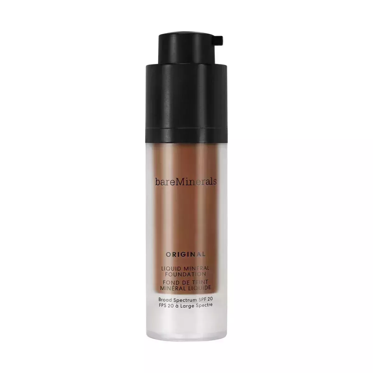 Bareminerals Original Liquid Foundation glass bottle with black cap on white background