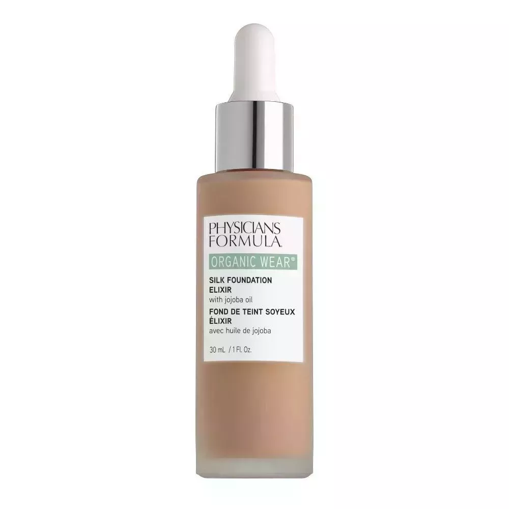 Physicians Formula Organic Wear Silk Foundation Elixir glass bottle on white background