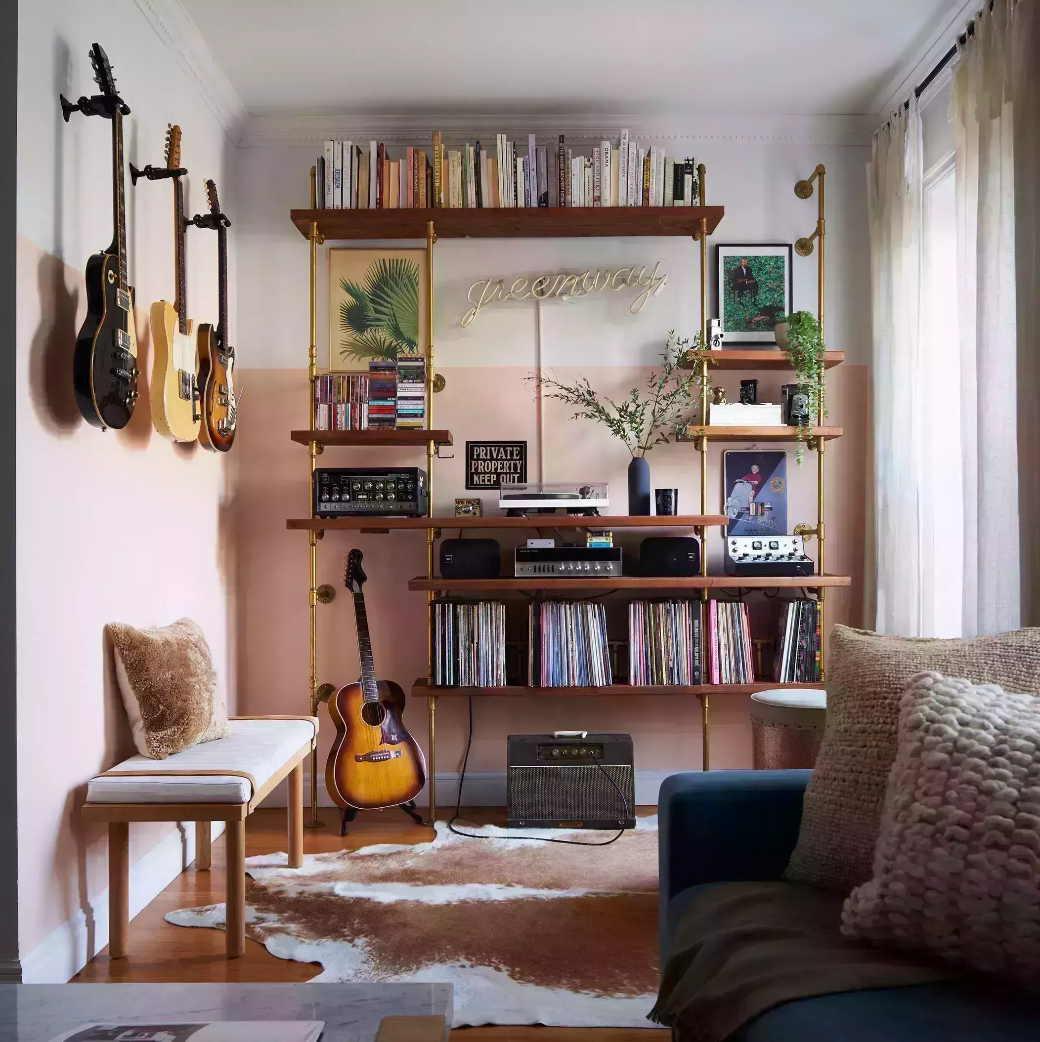 music room with guitars
