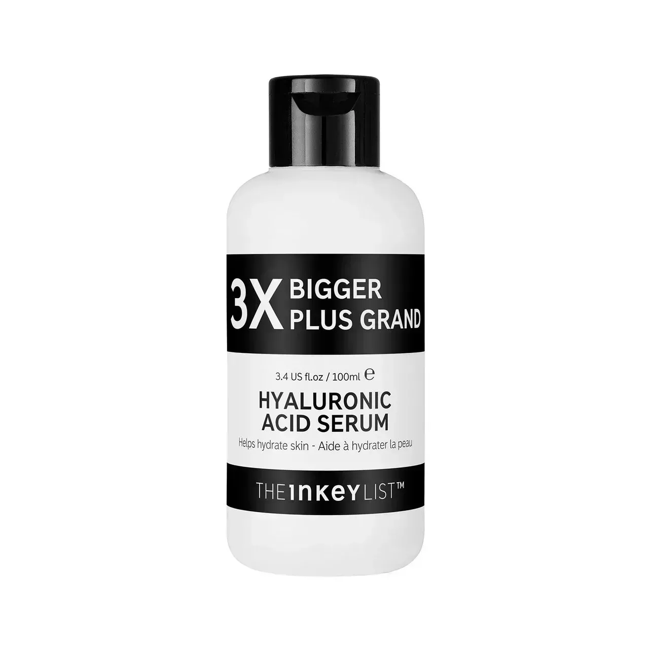 The Inkey List List Supersized Hyaluronic Acid Serum white and black bottle on white background
