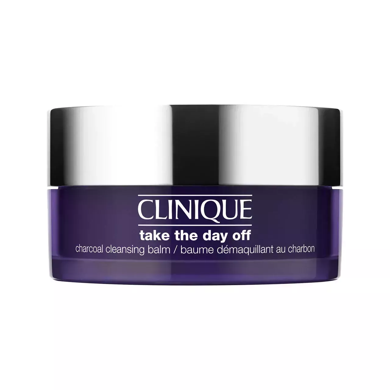 Clinique Take The Day Off Charcoal Cleansing Balm dark purple jar with silver lid on white background