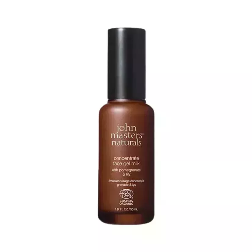 John Masters Organics Concentrate Gel Milk with Pomegranate and Lily brown bottle on white background