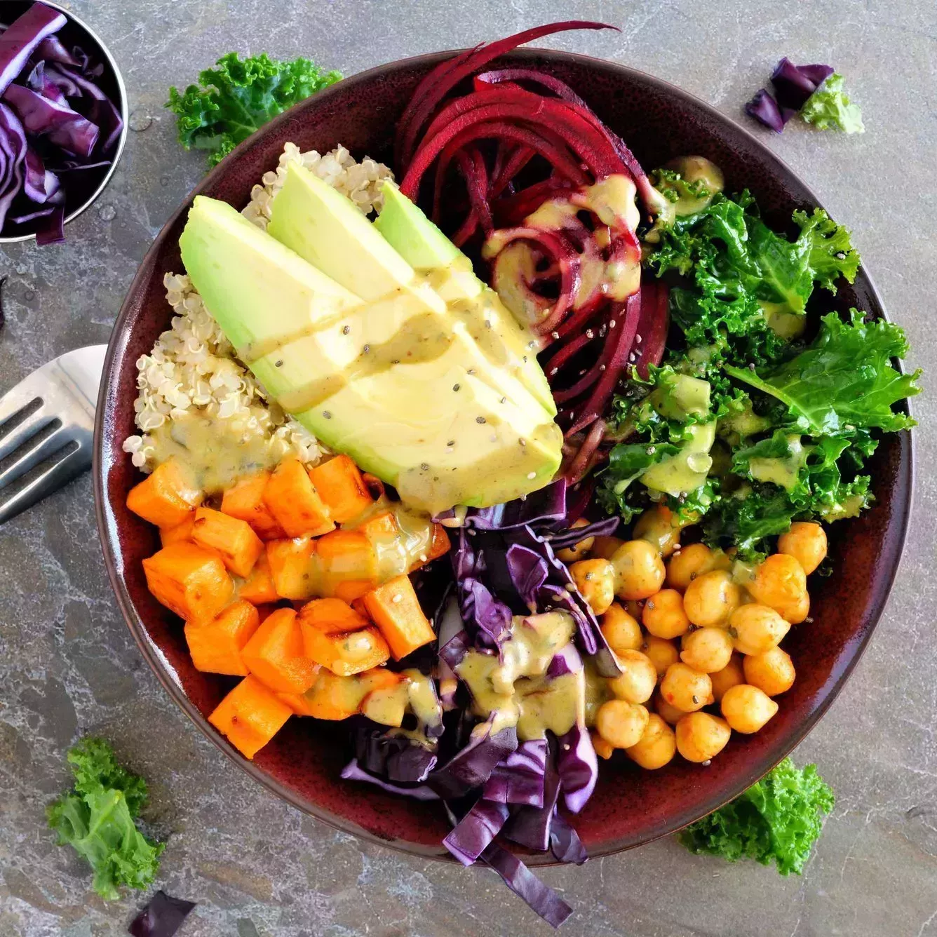 Buddha bowl on a stone background. Healthy eating, overhead scene.