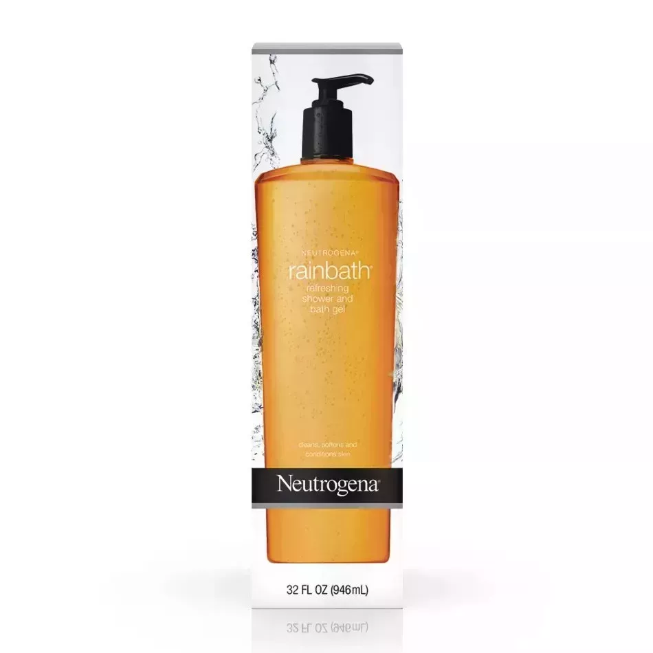 Neutrogena Rainbath Refreshing Shower and Bath Gel box of amber shower gel in bottle with black pump cap on white background