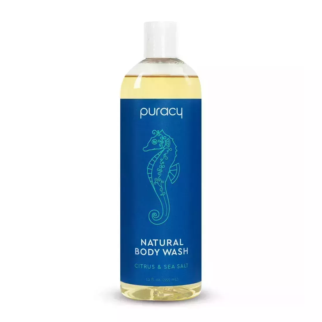 Puracy Natural Body Wash bottle of pale yellow body wash with blue label with seahorse design and white cap on white background