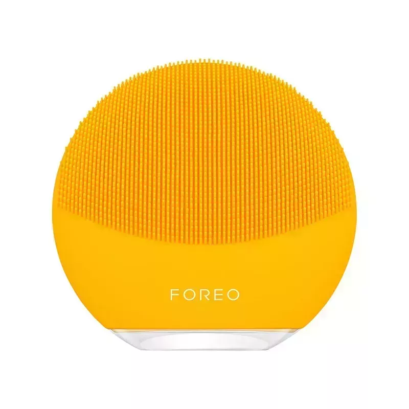 The yellow Foreo Luna Mini 3 facial cleansing device on a white background