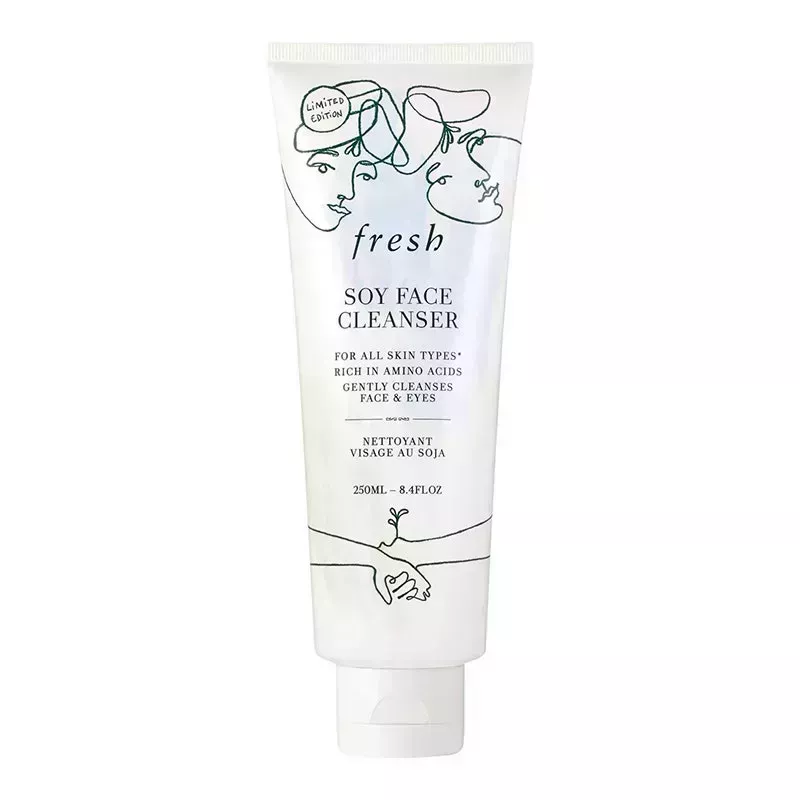 A beige bottle of the Fresh Soy Face Cleanser on a white background