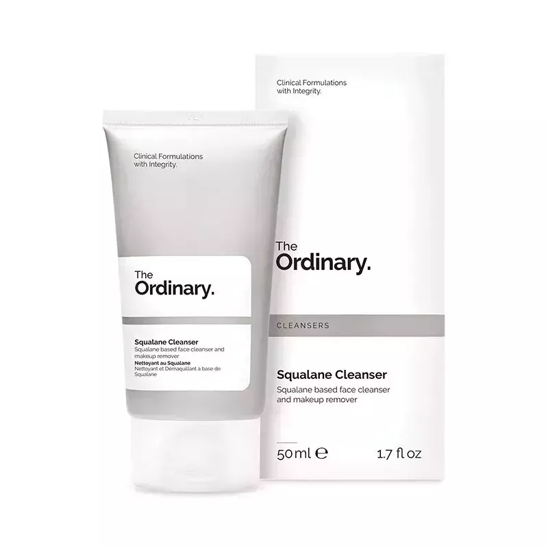 A silver bottle of the The Ordinary Squalane Cleanser on a white background