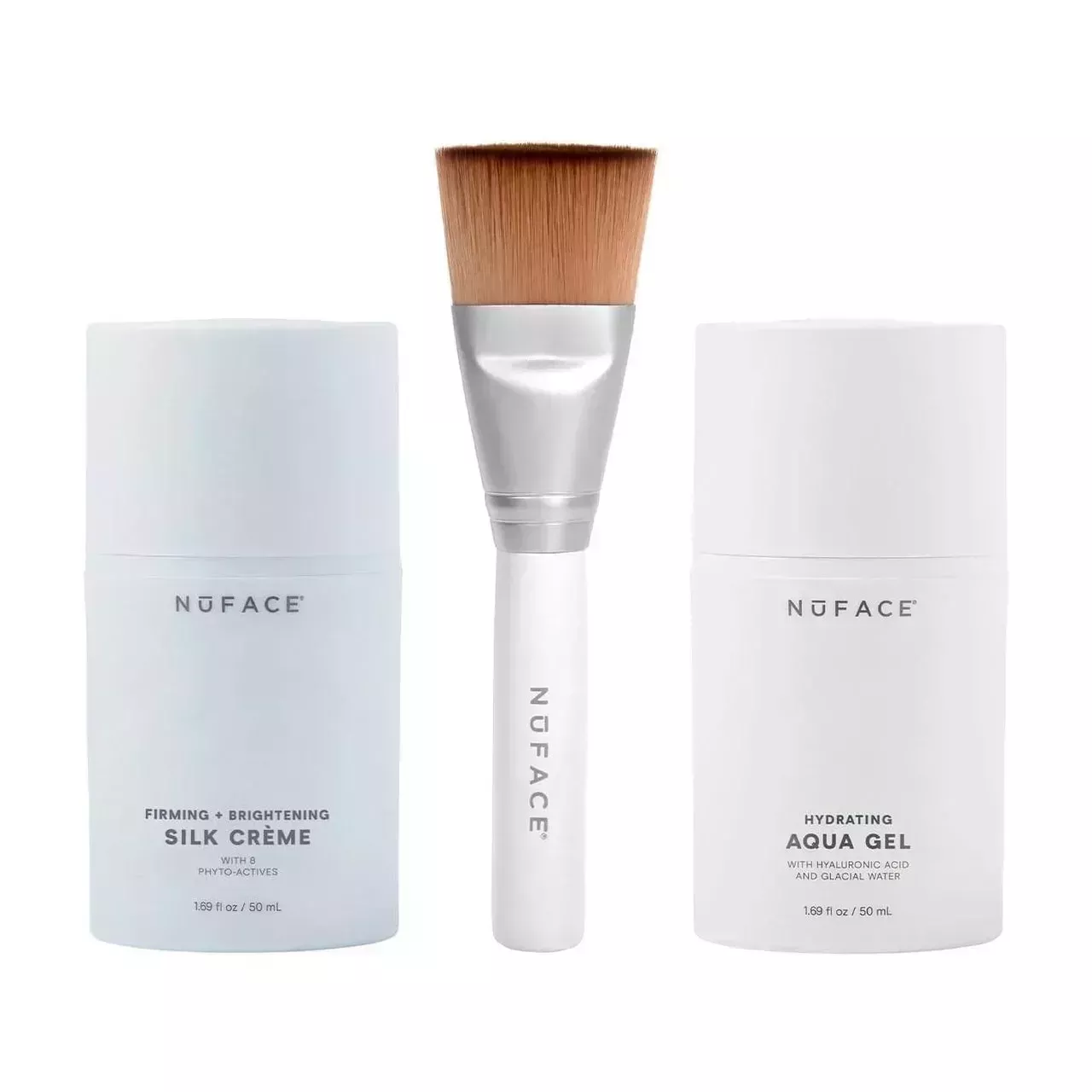 NuFace Supercharged Skin Trio light blue bottle, brush, and white bottle on white background