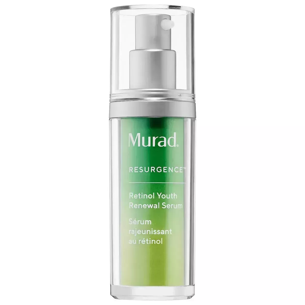 Murad Retinol Youth Renewal Serum green gradient bottle with silver pump and clear cap on white background