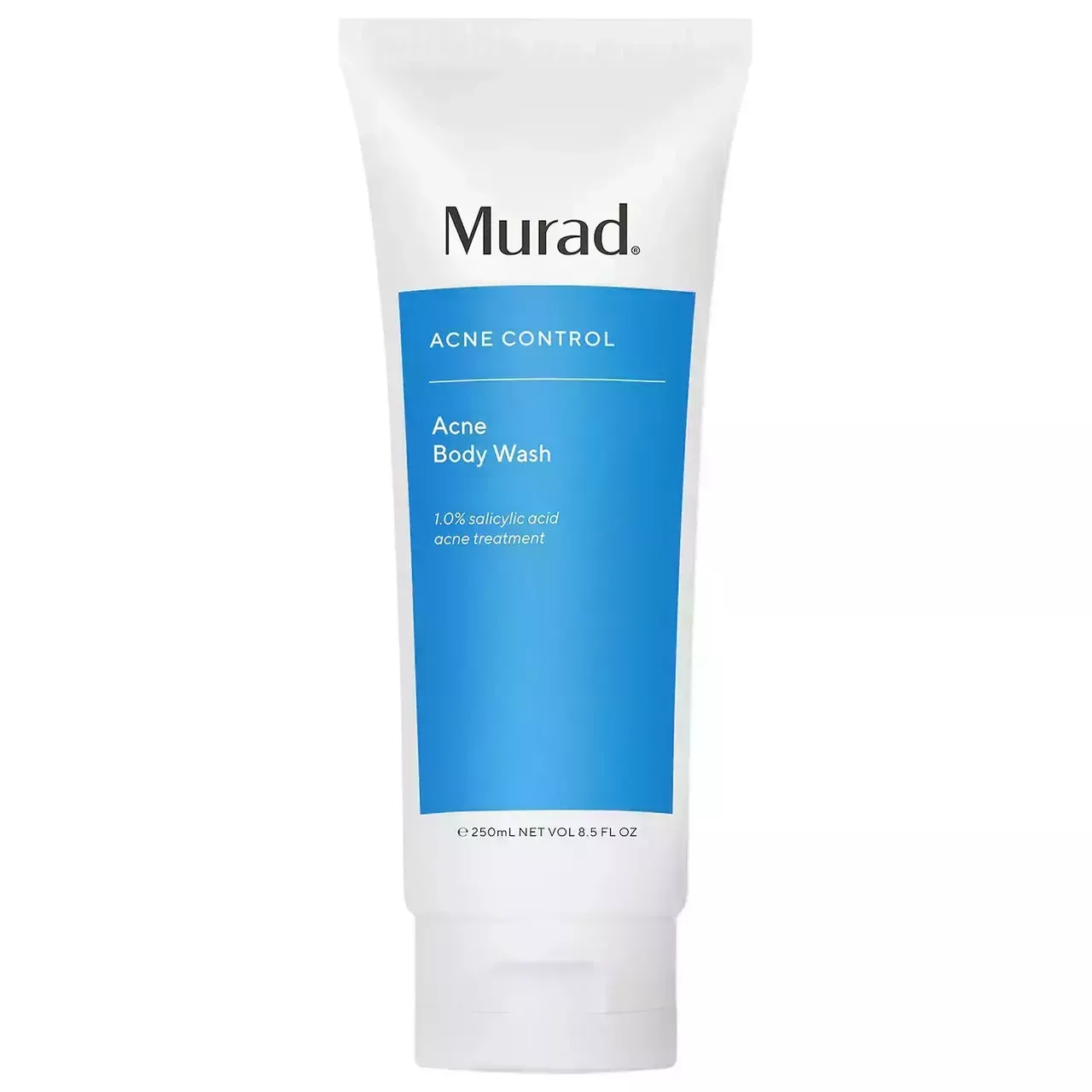 Murad Acne Body Wash white tube with blue label on white background