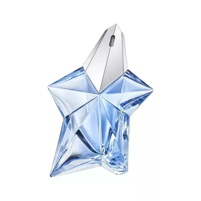 A blue star-shaped perfume bottle of the Mugler Angel Eau de Parfum on a white background