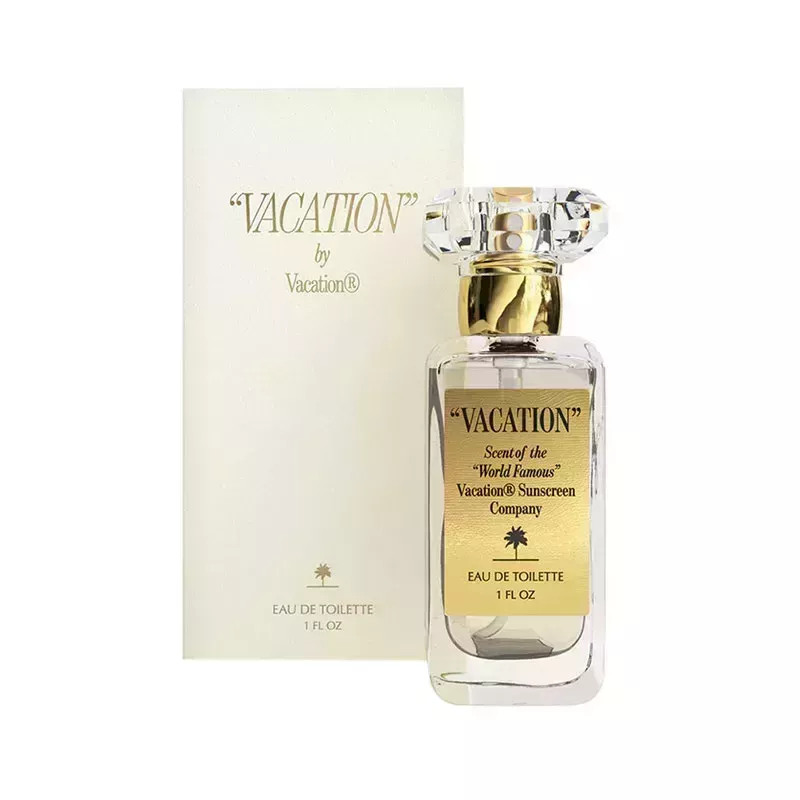 A glass bottle of the Vacation Eau de Toilette on a white background