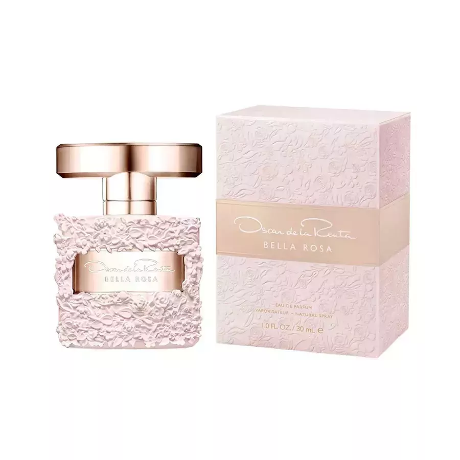 Oscar de la Renta Bella Rosa Eau de Parfum fluffy textured baby pink bottle of perfume with rose gold cap and matching box on white background