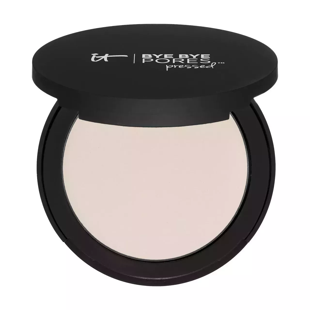 It Cosmetics Bye Bye Pores Translucent Pressed Setting Powder round black compact of white pressed powder on white background
