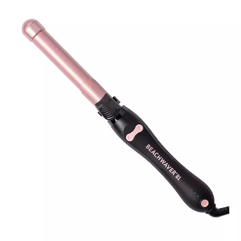 The black and pink The Beachwaver Co. B1 Rotating Curling Iron on a white background