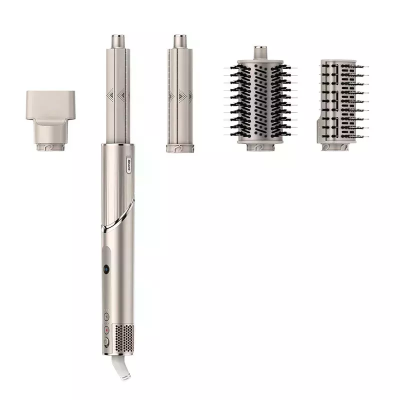 Shark FlexStyle Hair Dryer & Multi-Styler for Straight & Wavy Hair: A silver-hued hari styling device with five interchangeable attachments on a white background