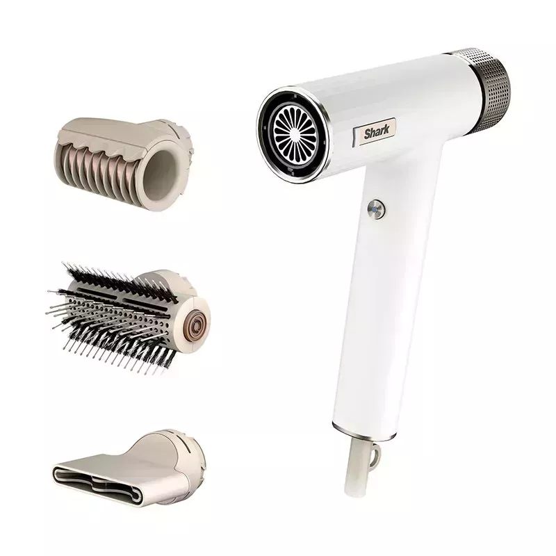 Shark SpeedStyle RapidGloss Hair Dryer: A white blow-dryer alongside three gray dryer attachments on a white background