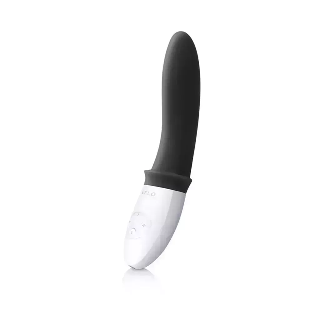 Black and white vibrating prostate massager on white background