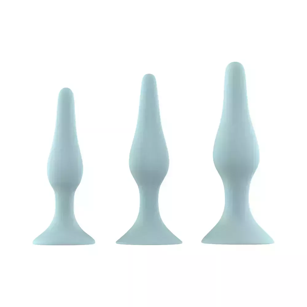 Set of three teal tapered butt plugs increasing in size on a white background