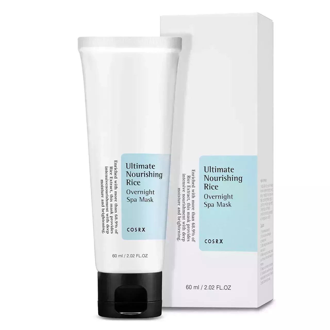 COSRX Ultimate Nourishing Rice Overnight Mask white tube with blue label and black cap and white box with blue label on white background