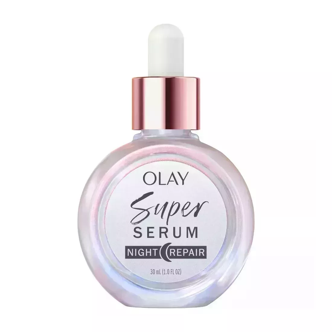 Olay's Super Serum round pearlescent serum bottle on white background