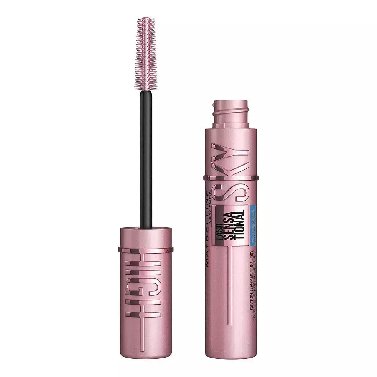 Maybelline New York's Lash Sensational Sky High Washable Mascara pink chrome tube of mascara on white background