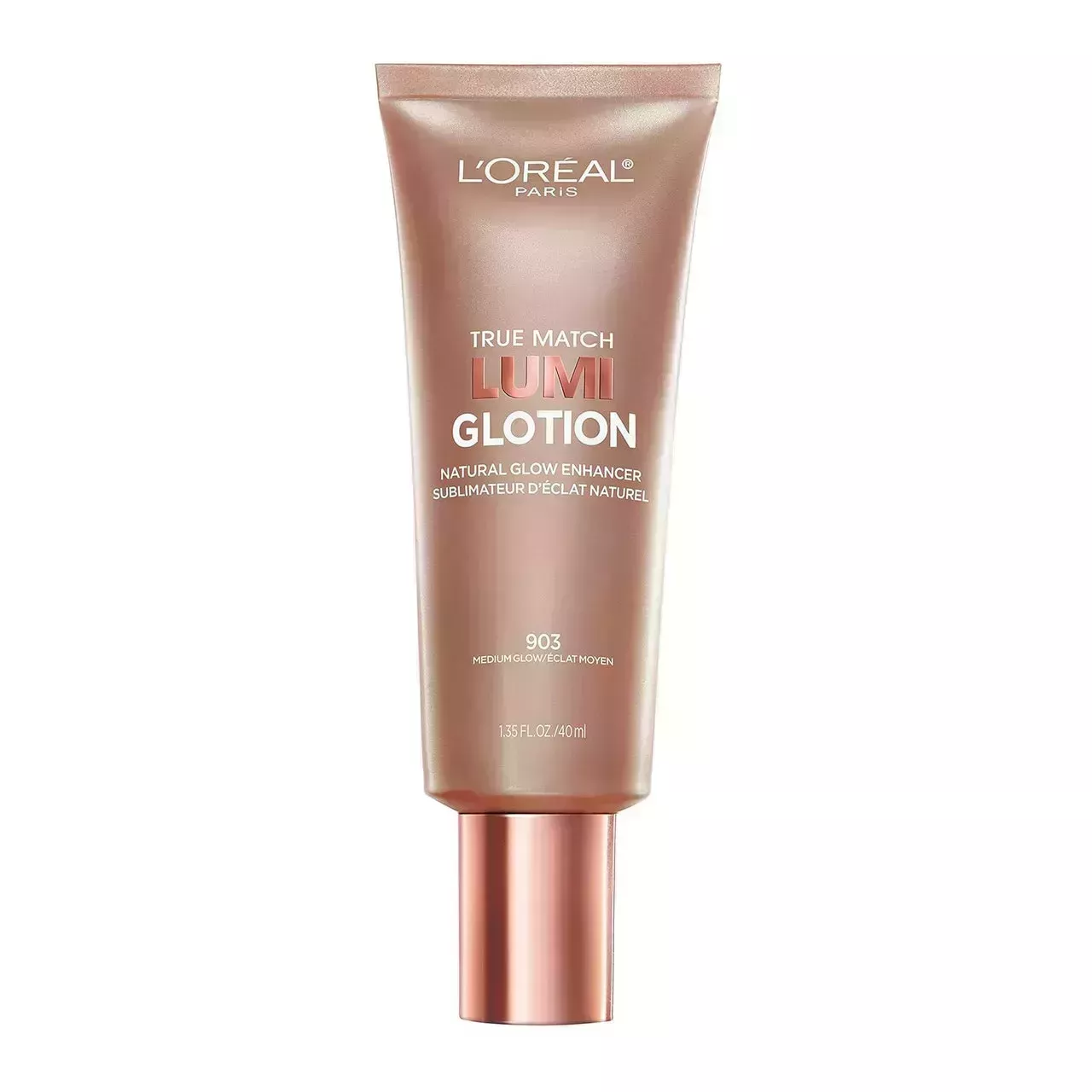 L’Oréal Paris's Makeup True Match Lumi Glotion bronze tube with rose gold cap on white background